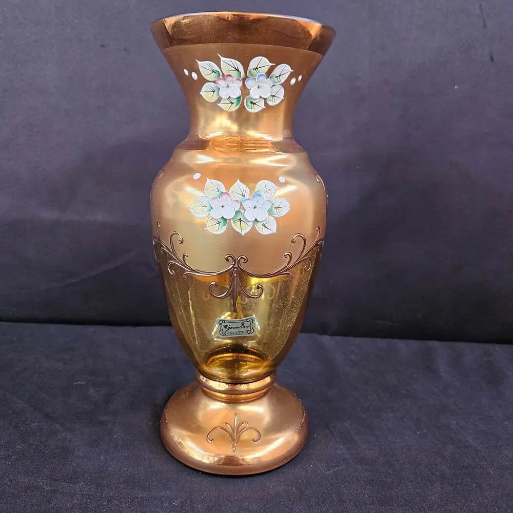 Egermann Gold Bohemian Glass‎ Vase with Enamel Hand Painting Czech 10